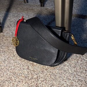 Tory Burch Perry Black Calfskin Leather Shoulder Bag with Gold and Red Accents